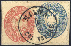 1863/1864, Briefstück mit 5 + 10 Kr. gez. 9½ entwertet durch "Milna ...