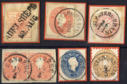 1850/1864, vier Briefstücke und 2 Marken mit Abstempelungen, drei St ...
