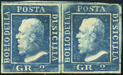 1859, coppia 2 gr. azzurro prima tavola carta di Napoli pos.9-10, ...