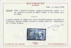 1859, coppia 2 gr. azzurro prima tavola carta di Napoli pos.9-10, ...