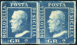 1859, coppia 2 gr. azzurro seconda tavola carta di Napoli pos.53-54, ...