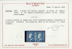 1859, coppia 2 gr. azzurro seconda tavola carta di Napoli pos.53-54, ...