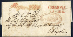 1841, lettera da Cremona il 28.12 per Napoli con "Regno LV" in rosso ...