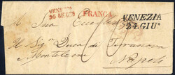 1848, lettera da Venezia (SI) il 24.6 per Napoli con "FRANCA" in ...
