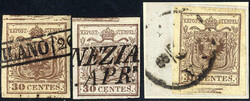 1850, 30 c. bruno carta a mano, tre valori con spazi tipografici ...
