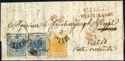 1855, lettera da Milano il 8.7 per Parigi (Francia) affrancata con 5 ...