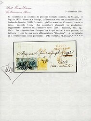 1855, lettera da Milano il 8.7 per Parigi (Francia) affrancata con 5 ...