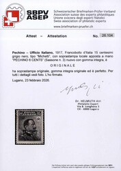 1917, 15 c. grigio nero, tipo "Michetti" con soprastampa a mano ...