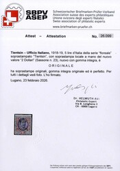 1918/1919, "floreale" 5 l. oltremare e rosa con soprastampa locale a ...