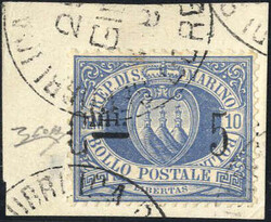 1892, frammentino con 5 c. su 10 c. oltremare con la soprastampa ...