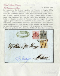 1850, lettera da Verona il 3.7 per Milano affrancata tricolore con 5 ...