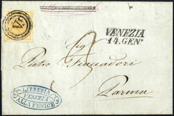 1851, circolare da Venezia (muto Punti 8) raro su 5 c. il 14.1 per ...