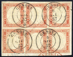 1855, 40 c. vermiglio tenue, blocco di sei su frammento annullato a ...