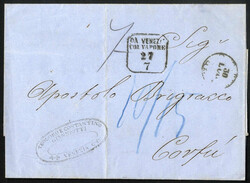 1860, lettera tassata "DA VENEZIA / COL VAPORE 27.7" a Corfù via ...