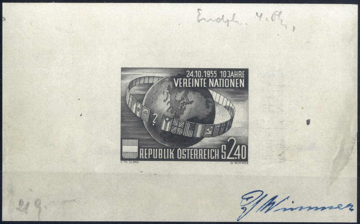 1955, 10 Jahre UNO 2,4 S., drei nicht gummierte Phasen in Schwarz ...