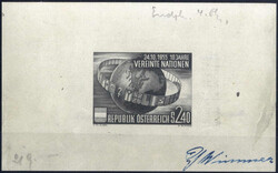 1955, 10 Jahre UNO 2,4 S., drei nicht gummierte Phasen in Schwarz ...