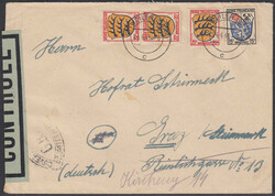 3x 20 Pfg. u. 15 Pfg. aus Auslands-Zensurbeleg nach Österreich ...