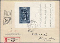 Kriegsgeschädigten-Block auf echt gelaufenen R-Brief, rs mit AKS