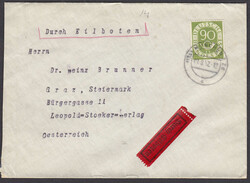 90 Pfg. Posthorn als EF auf Eilbotenbrief nach Österreich, rs AKS ...