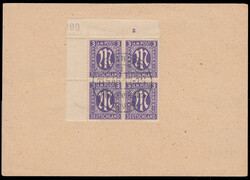 3 Pfg. englischer Druck in Type Gy, li. oberer Eckrand-Viererblock ...