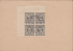 4 Pfg. englischer Druck, li. oberer Eckrand-Viererblock mit Pl.-Nr. ...