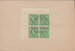 5 Pfg. englischer Druck, li. oberer Eckrand-Viererblock mit Pl.-Nr. ...