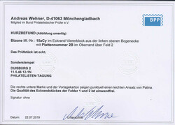 12 Pfg. englischer Druck, li. oberer Eckrand-Viererblock mit Pl.-Nr. ...