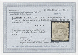 5 Ngr. türkisgrau entwertet mit Ra2 "Dresden V.", FFB Rismondo BPP ...