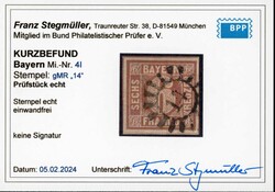 1849, 6 Kr. Wertziffer, entwertet mit geschlossenem Mühlradstempel ...