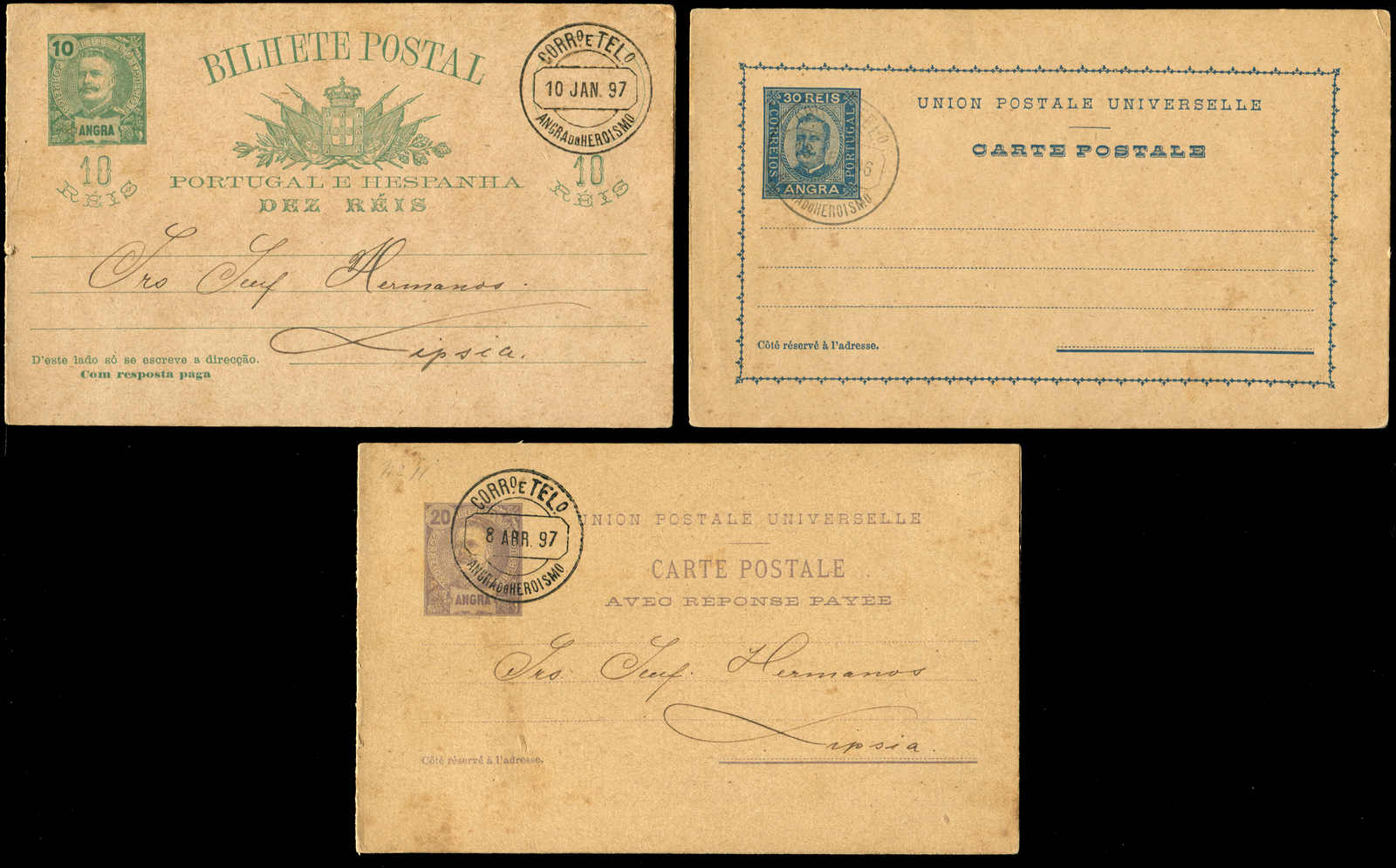 ANGRA: 1897/98, drei Ganzsachen, eine Postkarte und ein Brief mit ...