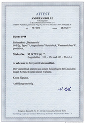 1948, 60 Pfg. braunlila Type IV als ungezähnter Viererblock in ...