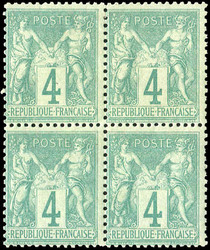 1876, 4 C. Allegorie grün, postfrischer 4er-Block in der Type "I", ...