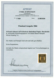 1866, 10 P. schwarz a. einfachem sämischen Papier mit dem Durchstich ...