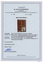 1857, 4/4 Ggr. schwarz auf gelbbraun in der selteneren Variante mit ...