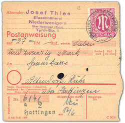 1946, Postanweisung über 27 RM mit der Gebühr 40 Pf. AM dt. Druck ...