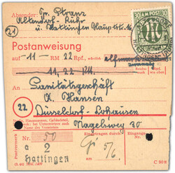 1946, Postanweisung über 11,22 RM mit der Gebühr 30 Pf. AM dt. ...