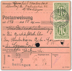 1946, Postanweisung über 196,50 RM mit der Gebühr 60 Pf. 2 X 30 Pf ...