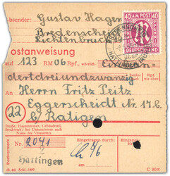 1946, Postanweisung über 123,06 RM mit der Gebühr 60 Pf. hier mit ...