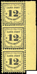 1863, 12 Kr. schwarz a. hellgrünlichgelb, senkr. 3er-Streifen vom ...