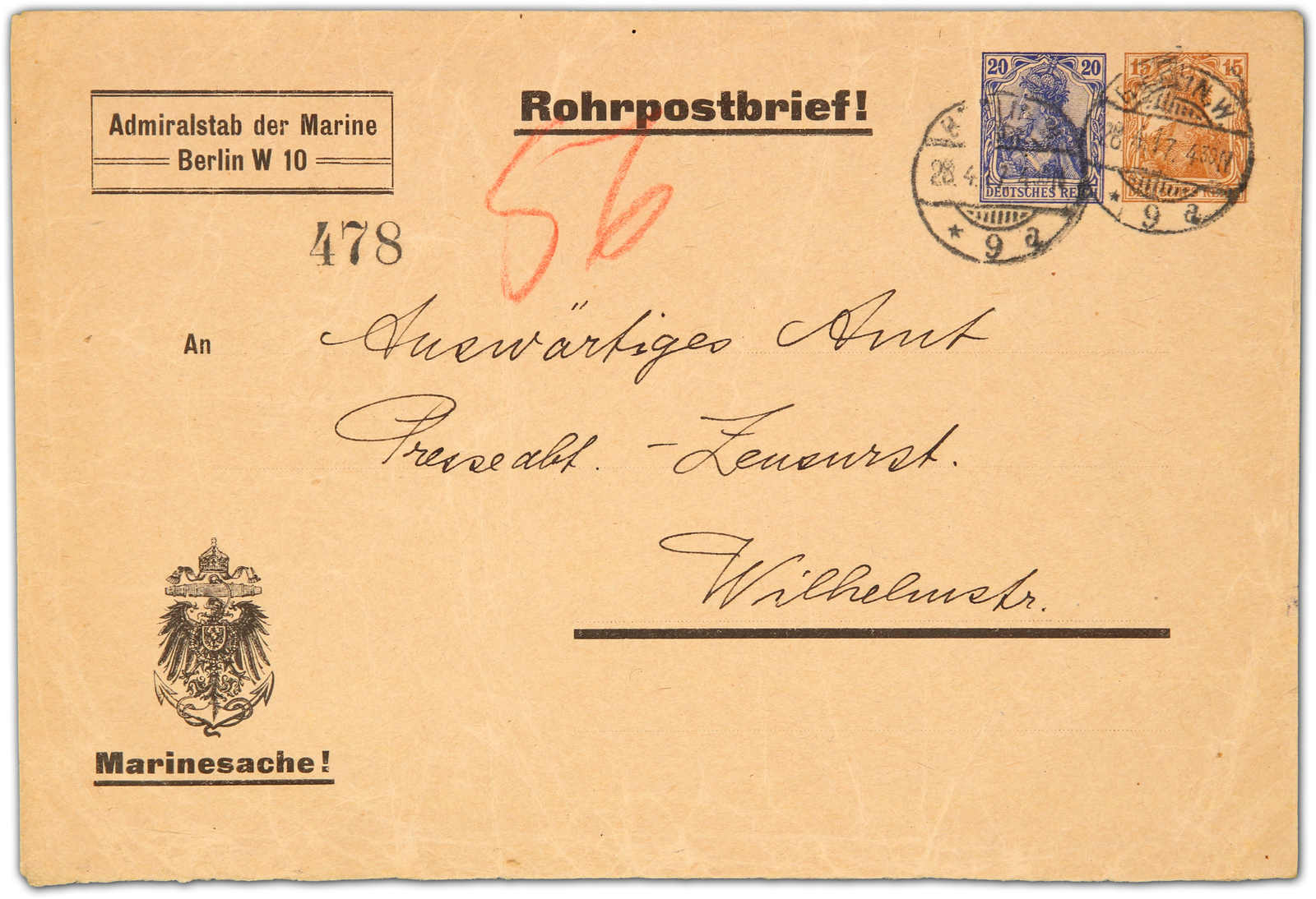 1917, Ganzsache Dienst-Rohrpost-Umschlag Germania 20 Pfg. blau und 15 ...