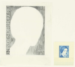 Frauenkopf mit Logo der Bundesdruckerei als Bleistiftzeichnung, ...