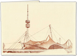 1972, Olympiade in München, Dach des Olympiastadions vor Fernsehturm ...