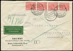 1953, Schnelldienstbrief 80 Pfennig mit 4 X 20 Pfennig Bauten I ab ...