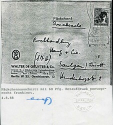 1949, Anschriftteil Verlagsbuchhandlung De Gruyter als Päckchen mit ...