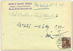 1949, provisorischer Einlieferungsschein über 1 Paket nach München. ...