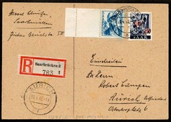 1948, Fernkarte Einschreiben mit 10 F Aufdruck und 9 F Saar III ...