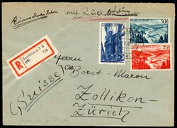 1949, Auslandsbrief mit Einschreiben und Rückschein 10 F Saar III, ...