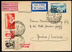 1949, Auslandsbrief mit Luftpost Europa und Eilzustellung, 3 F und 4 ...