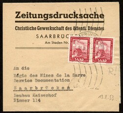 1953, Streifband ZEITUNGSDRUCKSACHE mit 2 X 1 F Saar IV ...