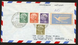 1957, Umschlag Luftpost-Drucksache mit 5,10,12 und 15 F Heuss II ab ...